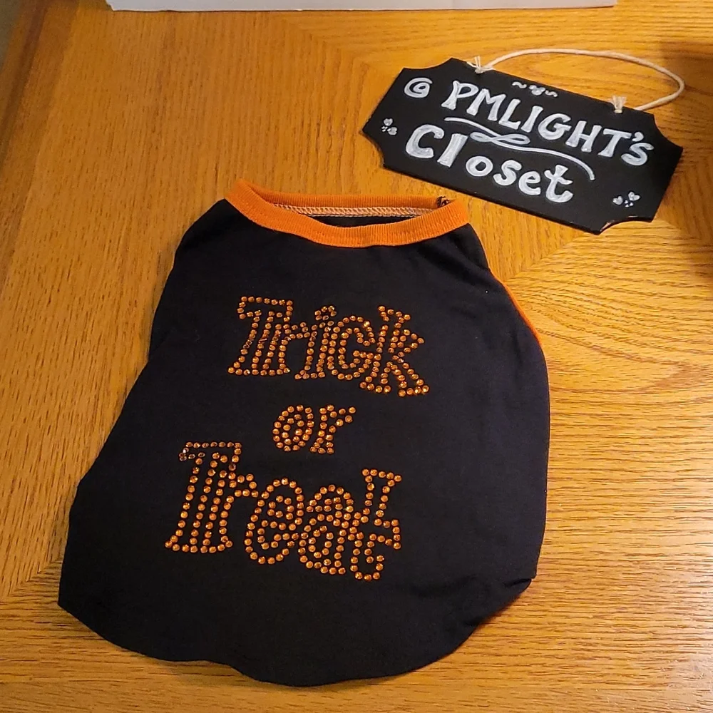 Trick or Treat Rhinestone Pull Over T-Shirt Small Dog Black Orange Halloween